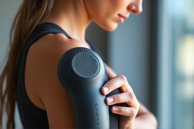 Person using a handheld percussive massage device on their shoulder after a workout, in a bright gym setting