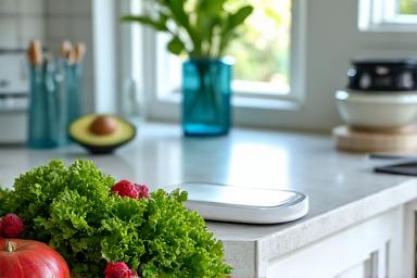 Modern kitchen counter with fresh, vibrant ingredients and smart cooking appliances
