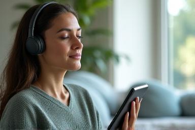 Serene image of a person meditating with headphones, symbolizing mental clarity and stress relief
