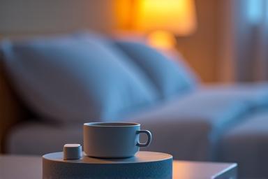 Modern sleep tracker on a minimalist bedside table with soft lighting