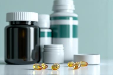 Assortment of elegant supplement bottles and capsules on a clean background, highlighting premium quality