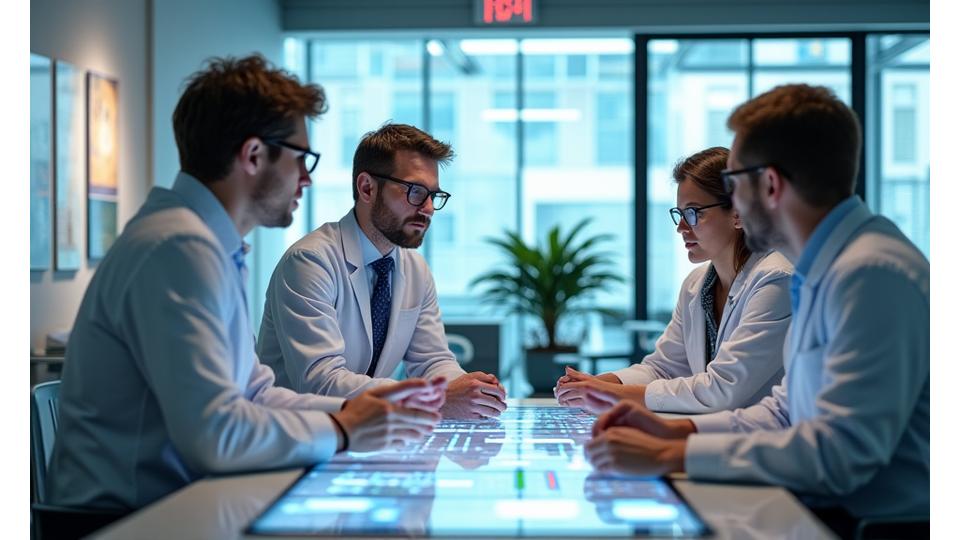 Veridian Life expert team members collaboratively reviewing product data and testing results in a modern, bright lab environment