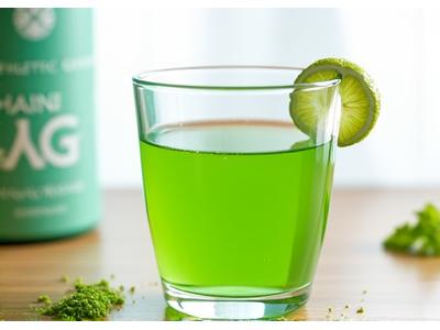 Athletic Greens AG1 powder in a glass with water, next to its canister, vibrant green