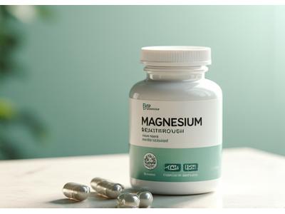 Magnesium Breakthrough supplement bottle on a clean surface, with capsules