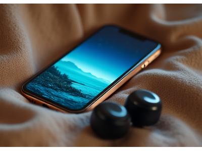 A smartphone screen displaying the Calm app interface with a soothing meditation scene, next to a comfy blanket.