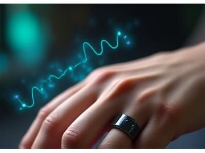 Oura Ring Gen 3 on a finger, with subtle biometric data graphics in the background