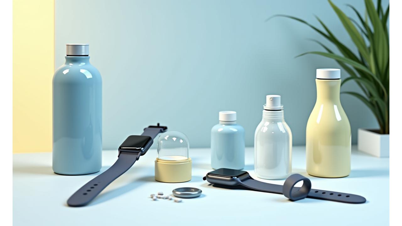 Diverse range of expertly vetted wellness products, including supplements, smartwatches, and healthy kitchen tools, displayed cleanly on a bright, minimalist surface