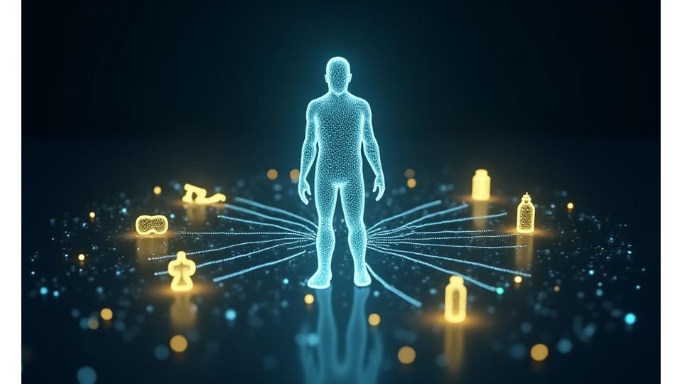 Abstract depiction of AI technology recommending wellness products tailored to individual user data, with glowing data streams leading to product icons