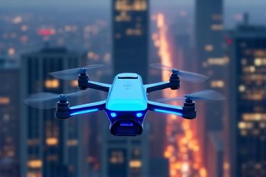 A fast-moving delivery drone flying over a city, symbolizing premium shipping