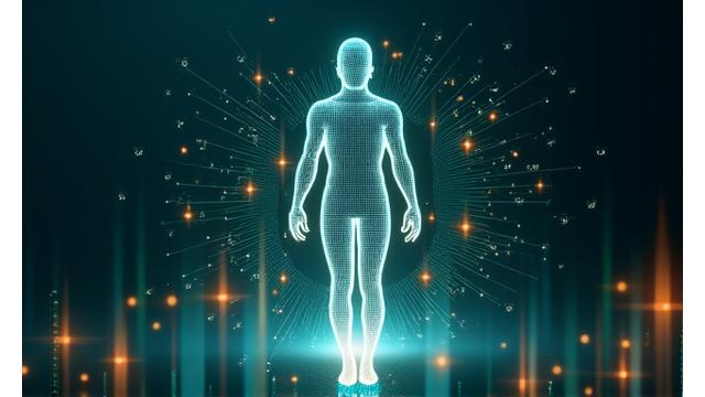 Dynamic AI visualization of a personalized wellness journey adapting to a person's biometric data and lifestyle choices, with overlapping data points and subtle glows.