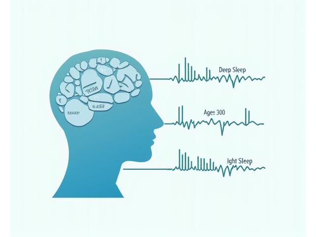 Infographic displaying different stages of sleep (REM, Deep Sleep, Light Sleep) and how they change with age.