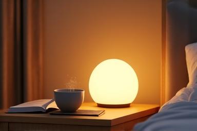 A stylish light therapy lamp emitting a soft, warm glow on a bedside table, next to a relaxing cup of tea.