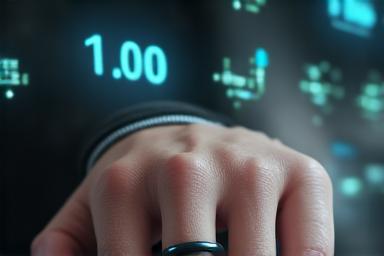 A close-up of a sleek Oura Ring on a finger, with subtle biometric data graphics overlaid.