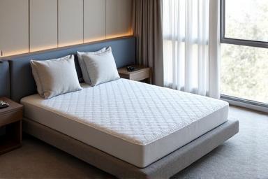 An elegant, modern smart mattress with integrated sensors visible, alongside a comfortable blanket.